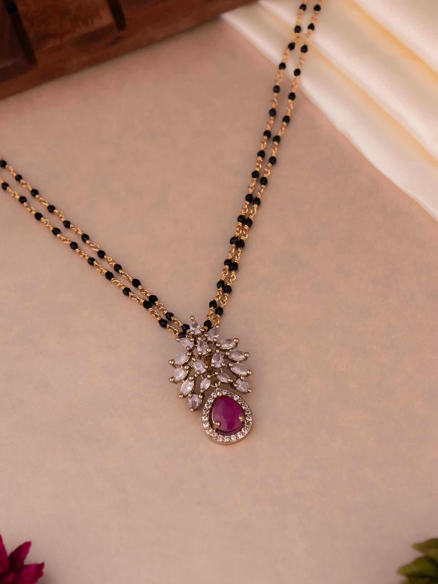 Victorian finish double chain mangalsutra in ruby colour for women 
