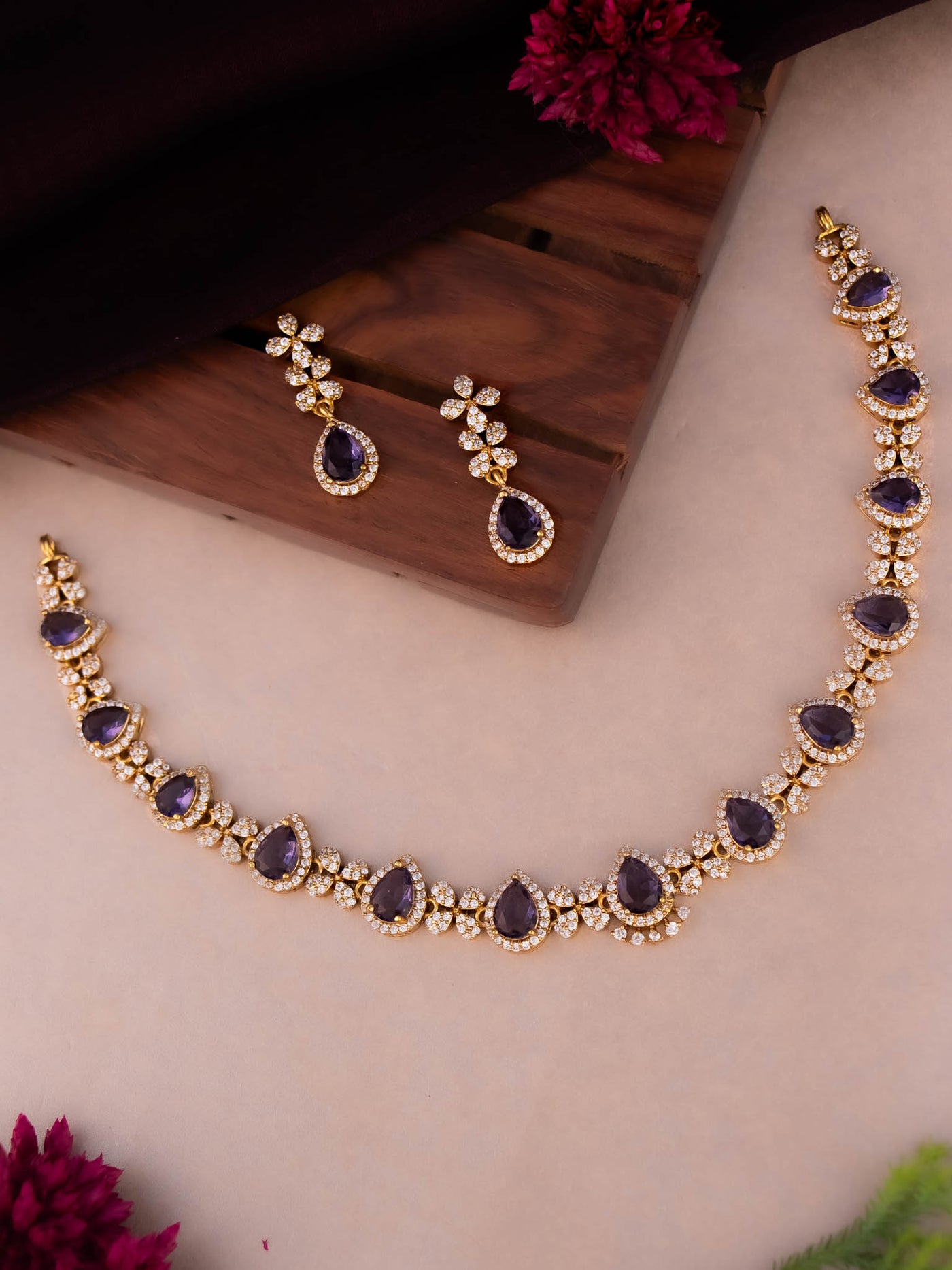 Single line diamond necklace set in semi victorian polish, Purple colour.