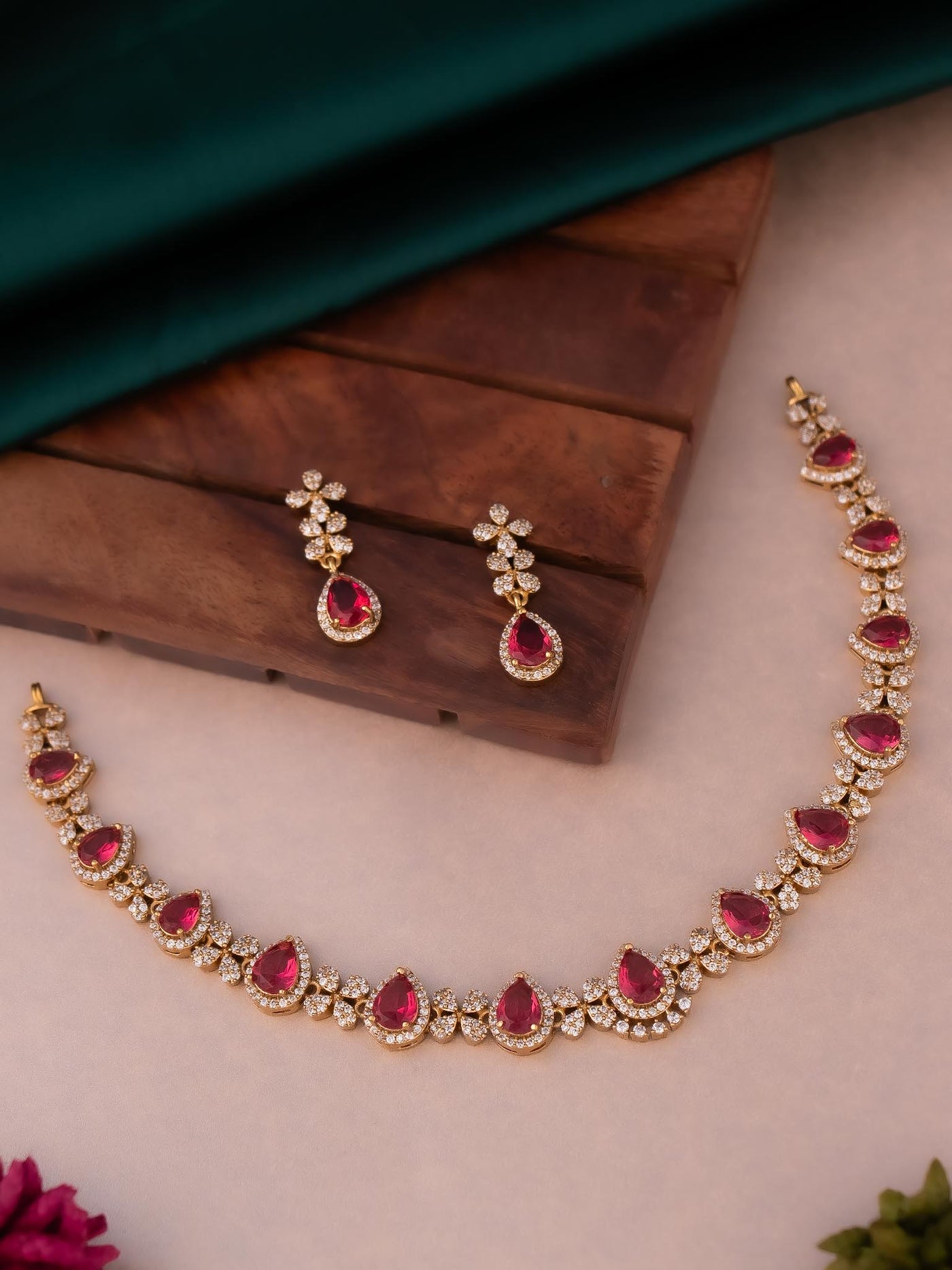 Simple single line stone necklace n red colour with diamond stones and pair of drop earrings