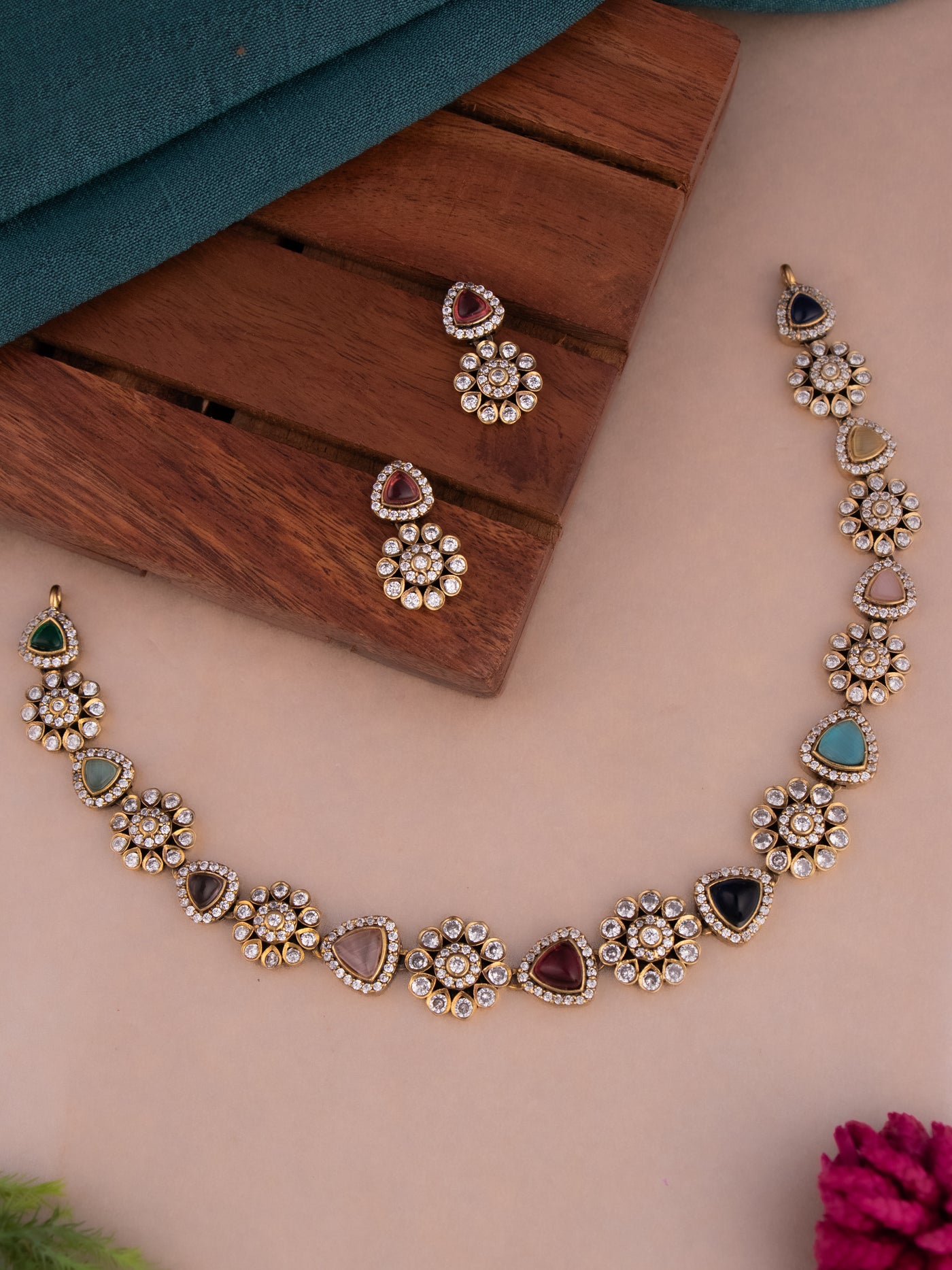 Daksha Collar Single Line Necklace with Victorian polish and vibrant multi-colored stones