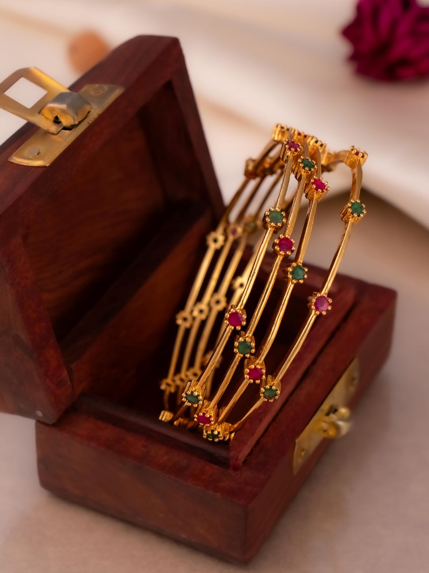 Simple four set ruby emerald bangles  in gold plating
