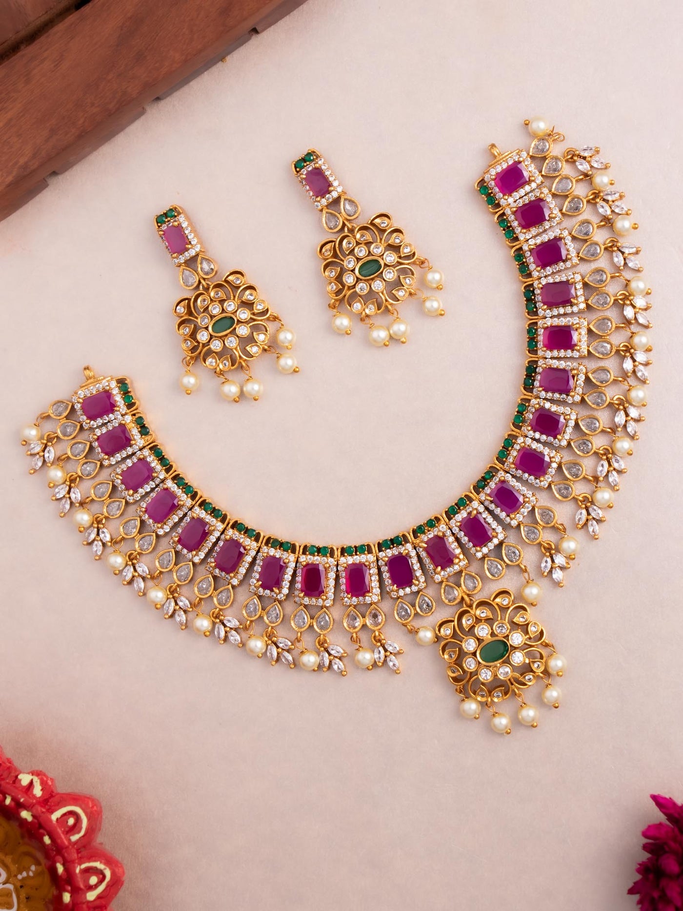 Ad ruby pearl temple necklace set