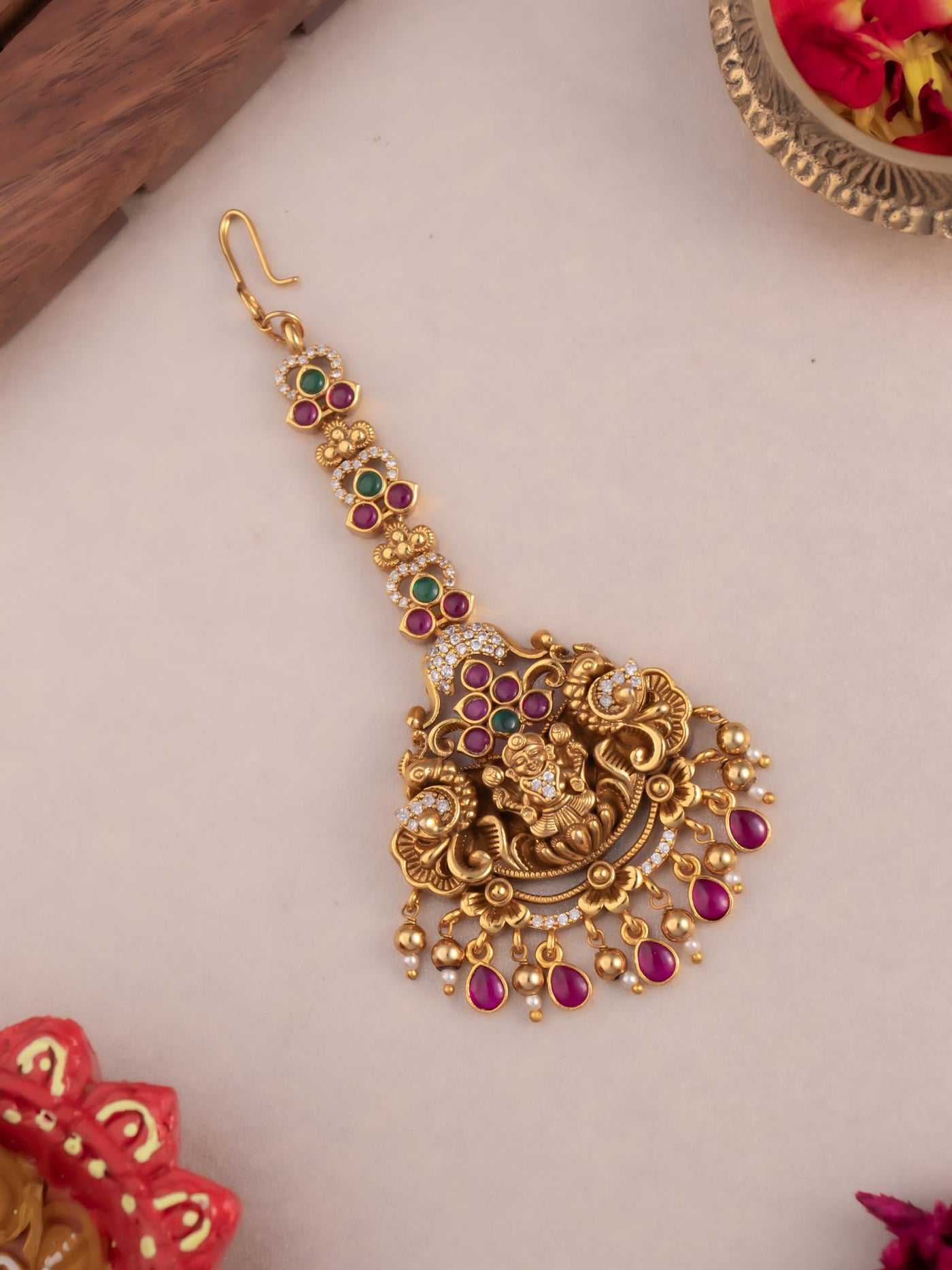 Traditional Nagas Lakshmi Maang Tikka | Kemp Maang Tikkaa | Lakshmi Maang Tikka | Antique Finish Maang Tikka | South Indian Jewellery | Nagas Heavy Maang Tikka.