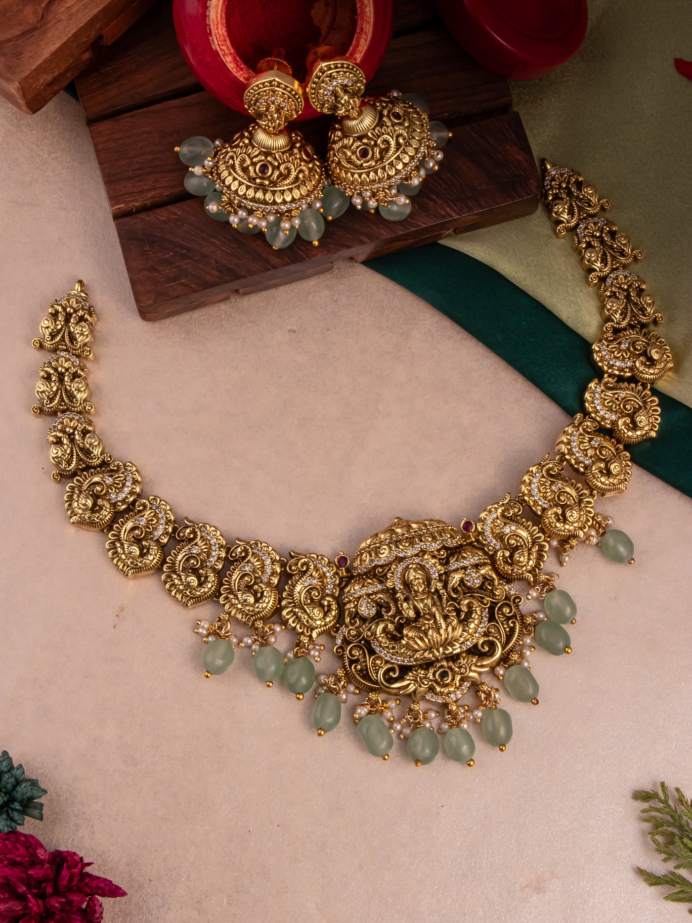 Antique Lakshmi Necklace Mint green beads necklace White stones jewelry Pearl danglers necklace Wedding jewelry Festive occasions necklace lakshmi necklace with miny green beads Traditional south indian jewellery