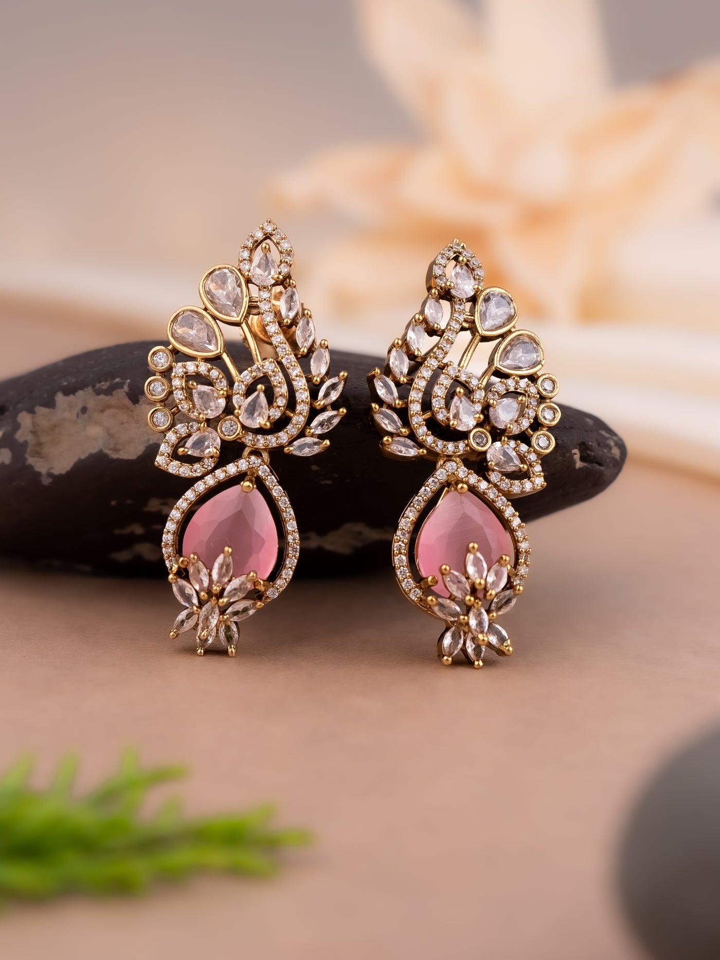 Peacock shape victorian style drop earrings in pink