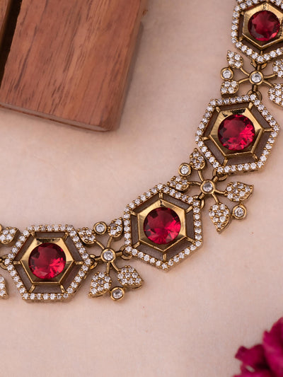 Hexagonal Victorian Necklace In Red Colour