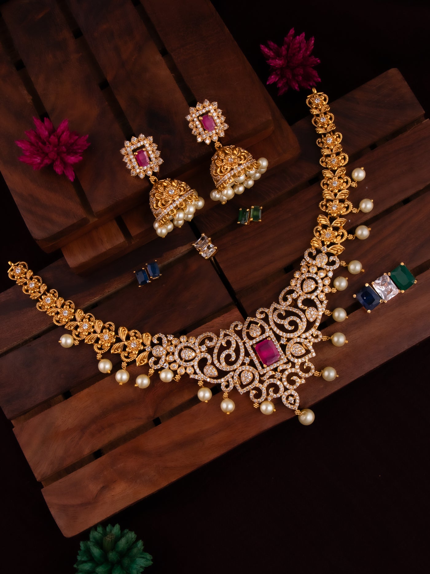 Ruby Stone Jewellery | stone necklace set | ruby necklace set | emerald necklace set  | diamond necklace | diamond necklace for women | gold diamond necklace | diamond necklace set | Interchangeable AD colour stones for all type of colour outfits