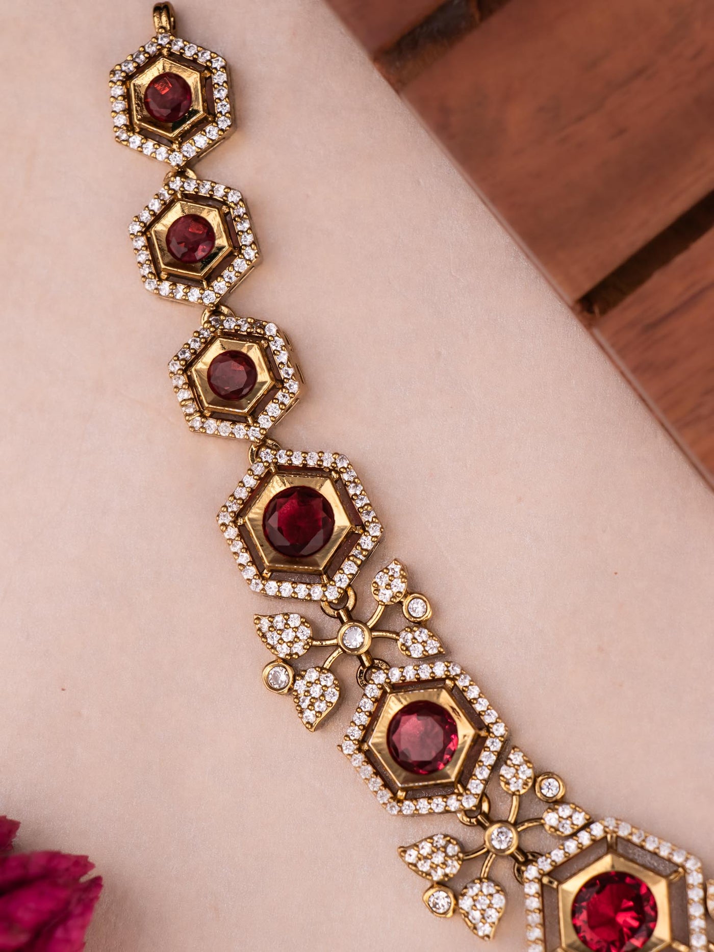 Varsha Victorian Necklace in Hexagon Red Detail