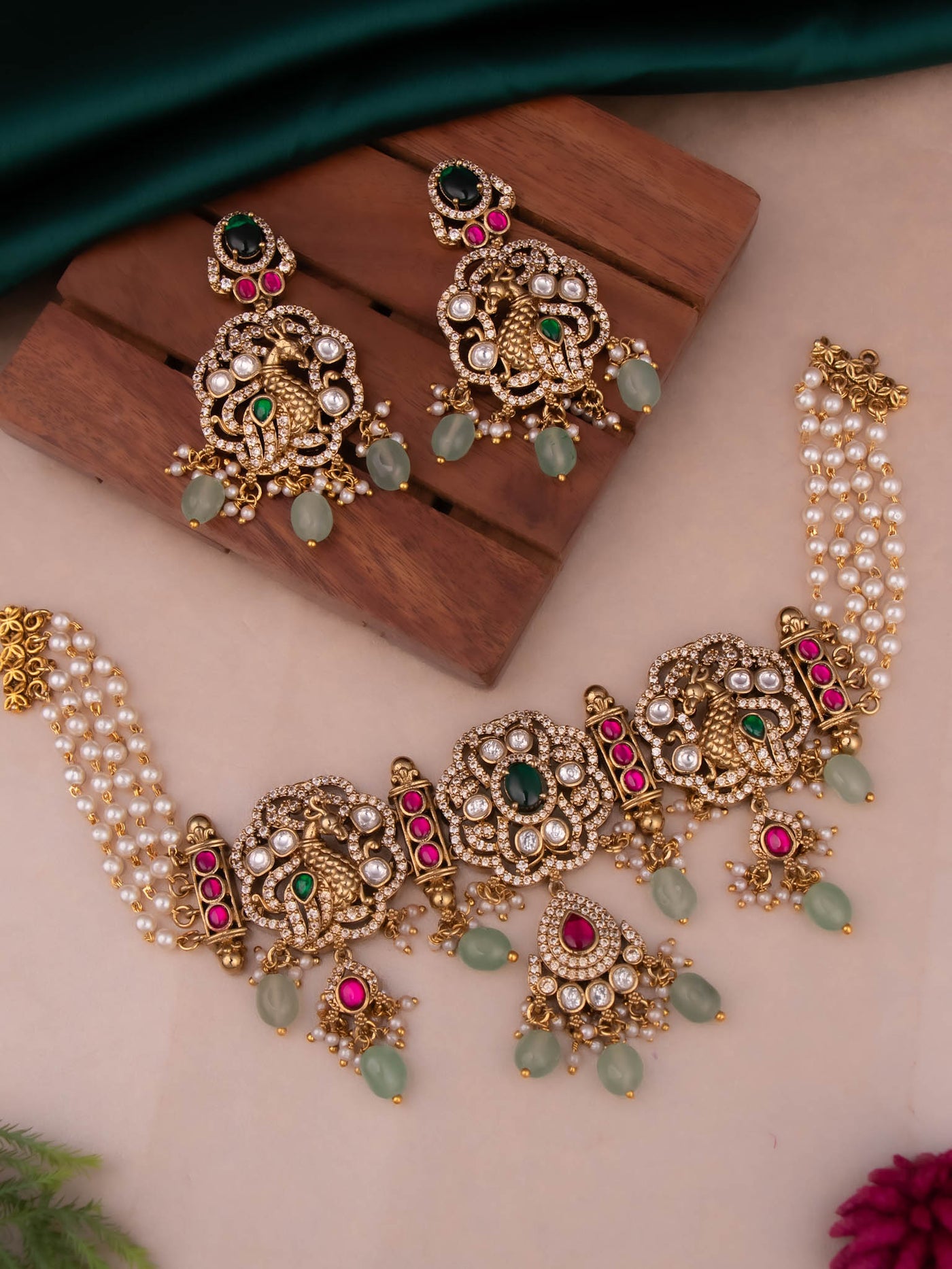 Peacock design victorian choker in flower pattern with pearls and pair of Chandbali’s