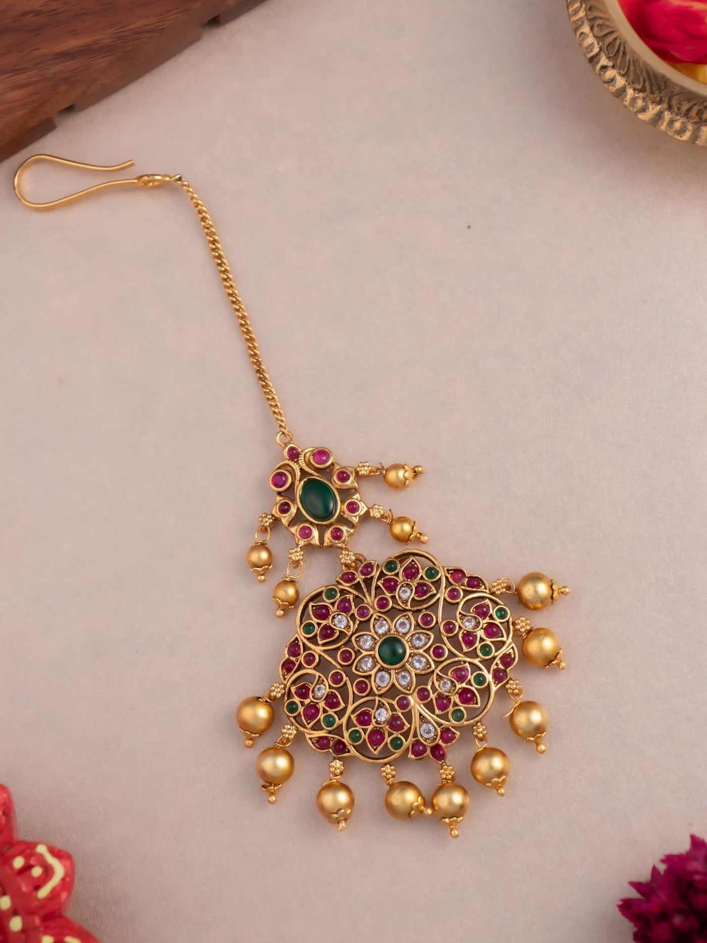 Kemp Maang Tikka | Real Kemp Chandbali Maang Tikka | Temple Tikka | Temple Jewellery Online | South Indian Jewellery | Ruby Maang Tikka | Pink Maang Tikka | Maang Tikka Online | unique bridal maang tikka | kemp nethi chutti | Chandbali maang tikka | Heavy Maang Tikka