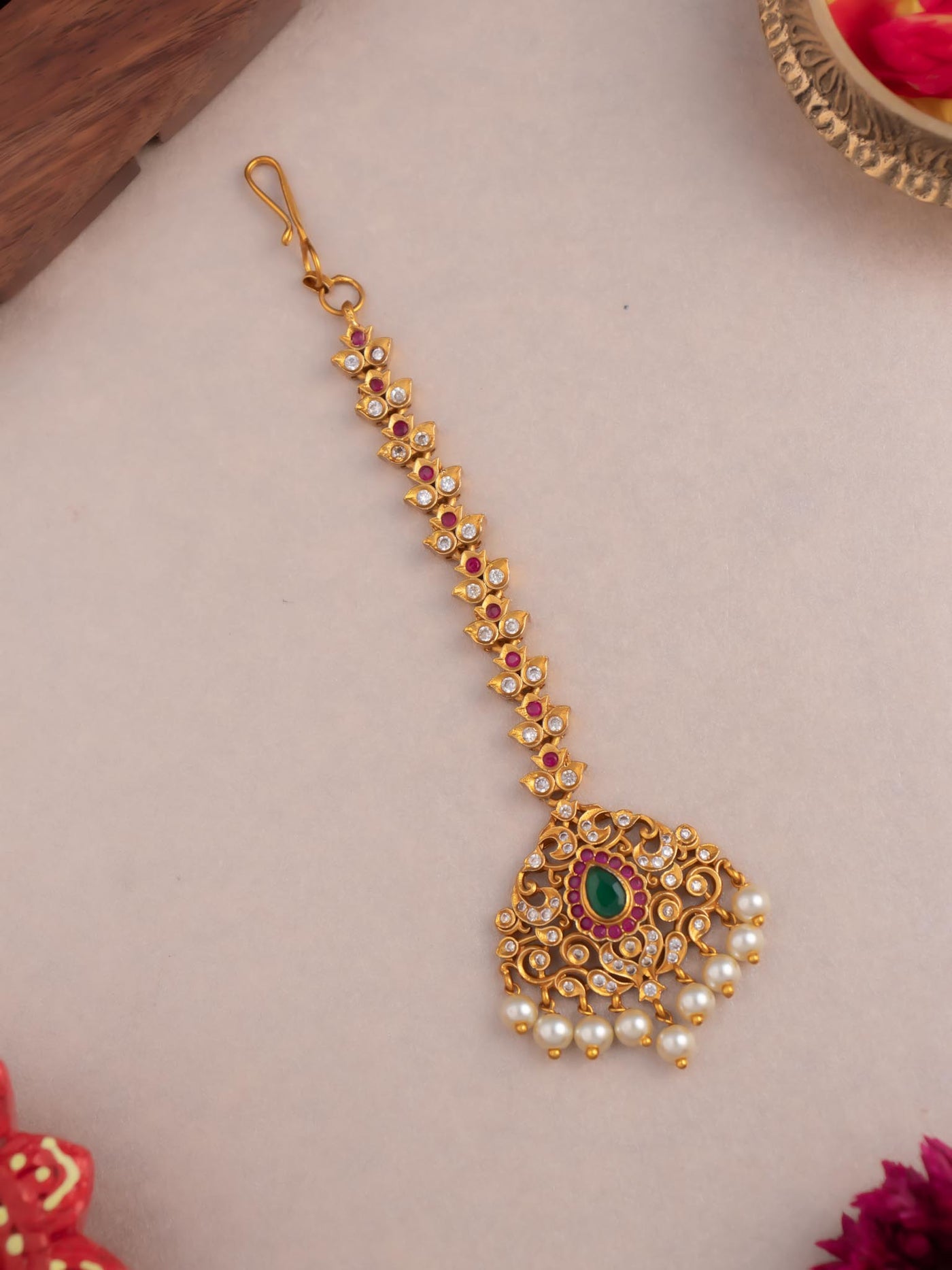 Gold Polish Maang Tikka | AD Stone Studded Maang Tikka | Traditional  Floral Maang Tikka | Pearl Maang Tikka Online | Simple Papidi Billa | Small Size Nethi Chutti | South Indian Wedding Jewellery.