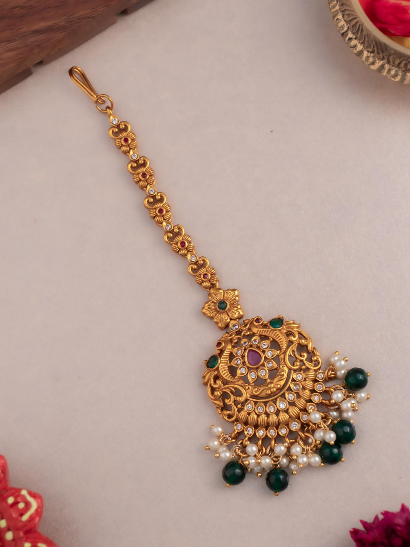 Temple Maang Tikka | Green Beads Tikka | Guttpusalu Maang Tikka | South India Hair Accessories | Bridal temple Maang Tikka |  Gold Maang Tikka | Wedding Jewellery