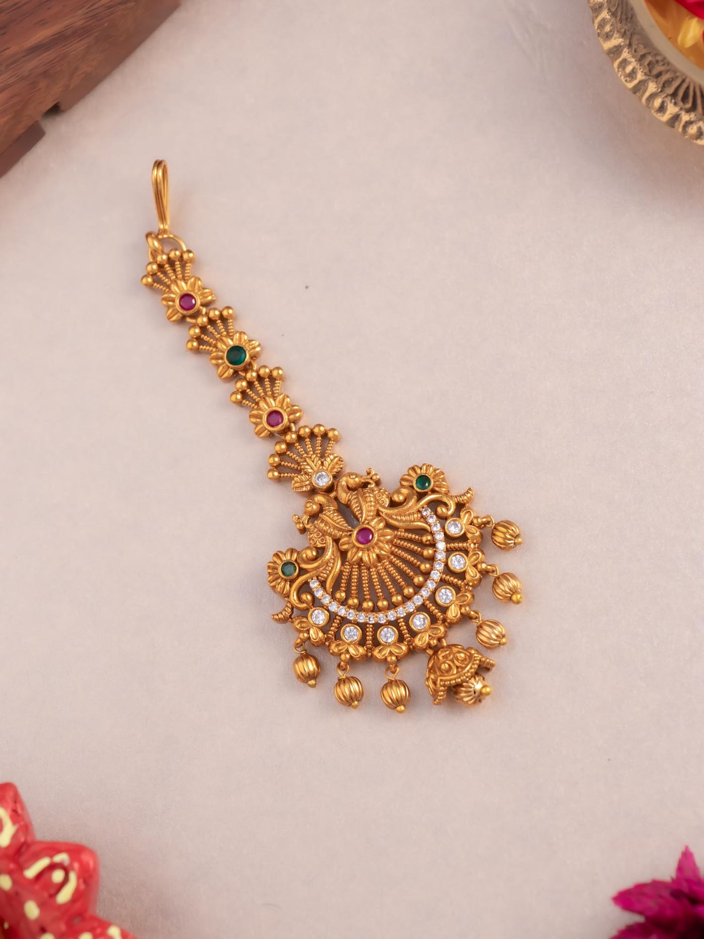 Gold Alike Maang Tikka | Traditional Temple Maang Tikka | CZ Maang Tikka | Peacock Design Maang Tikka | Bridal Maang Tikka | Wedding Jewellery | Temple Jewellery Online Shopping